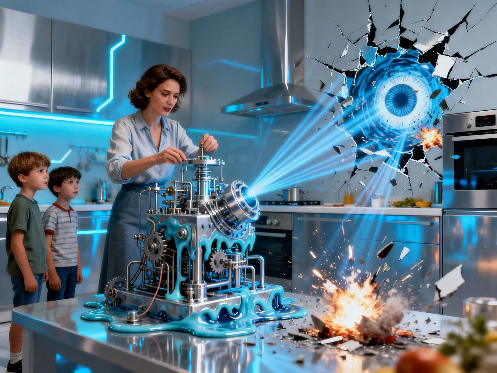 mom is creating a futuristic kinetic sculpture in sci-fi fut...