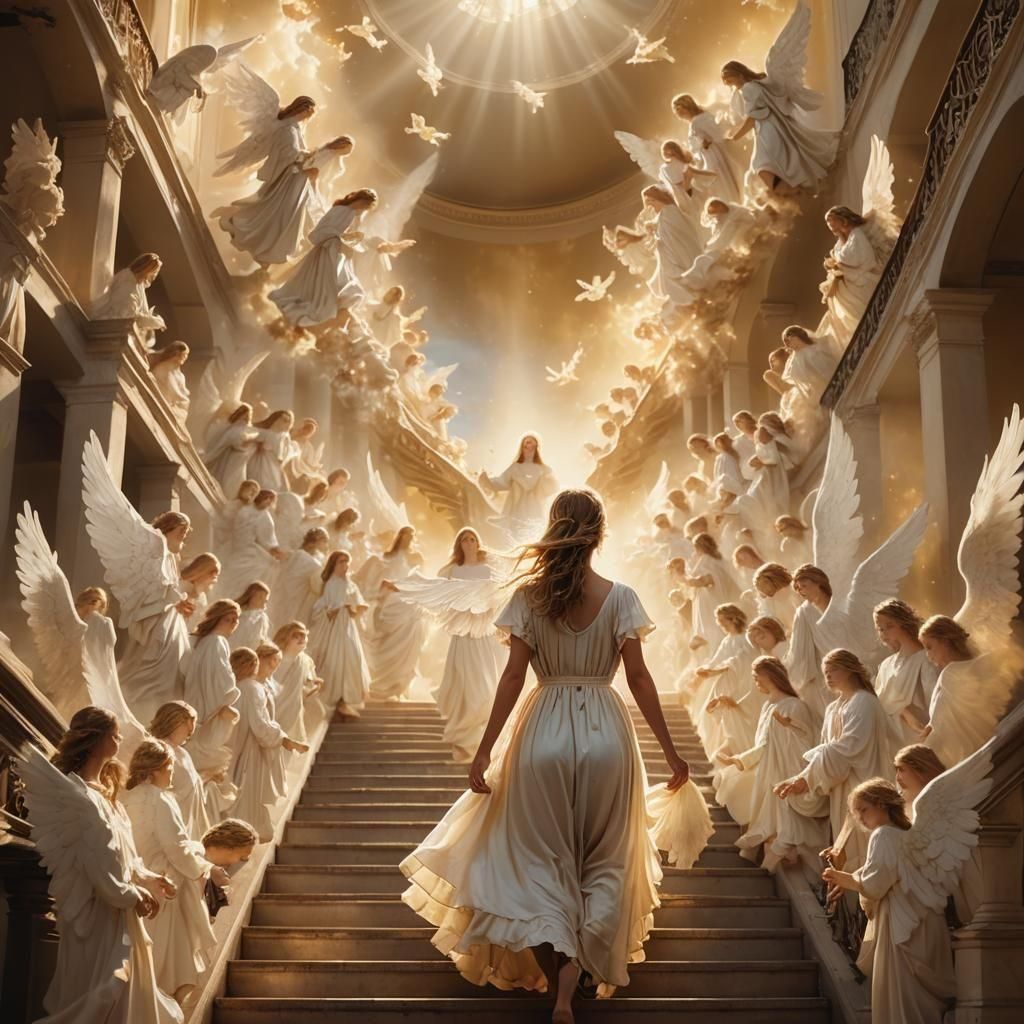 Girl Ascending Stairway to Heaven with Angels