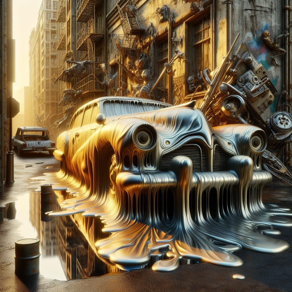 Surreal Melting Car in Dilapidated Cityscape