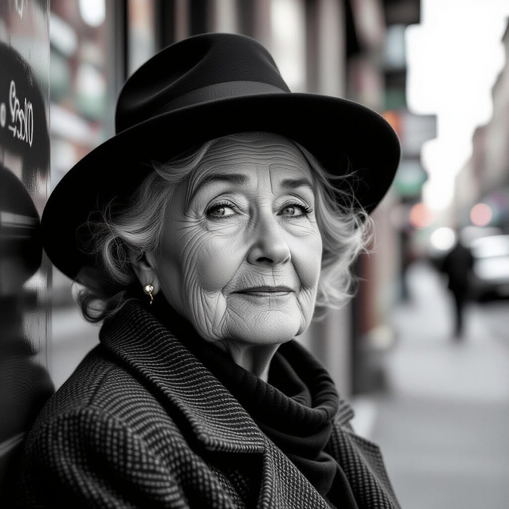 Mature Woman in 1940s Street Portrait, Black and White