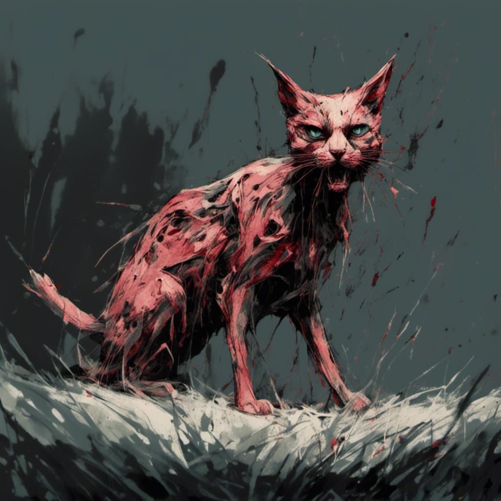 Angry Undead Cat in Wheat Field: Stylized Ink Drawing