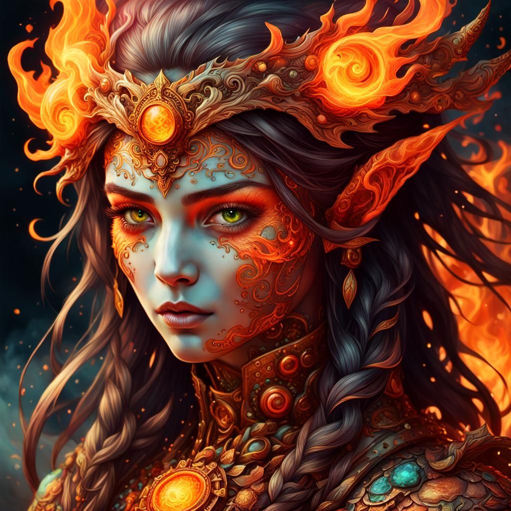 Fiery Female Elemental Portrait: Fantasycore Digital Art