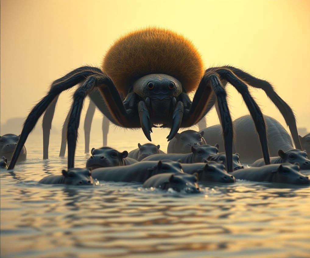 Giant Spider Nanny Protects Tiny Hippos