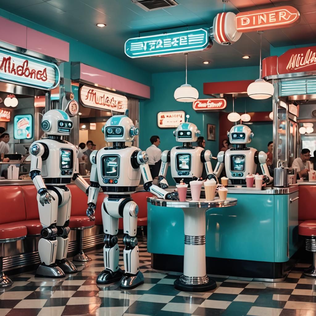 Retro-Futuristic Diner Scene with Robot Servers