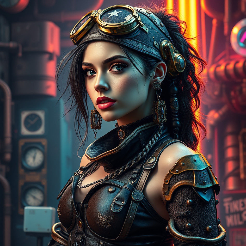 Cyberpunk Pirate Woman in Neon Cityscape