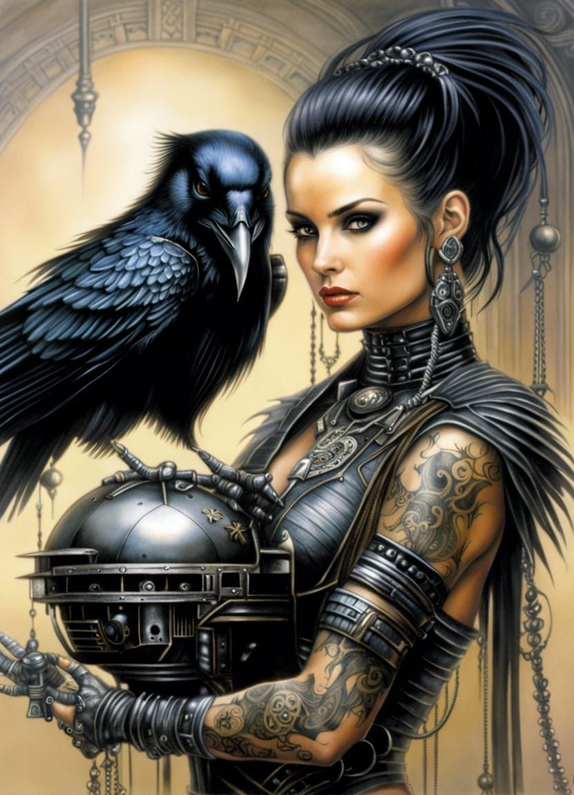 Tattooed Hacker Girl with Robotic Raven in Dark Fantasy Styl...
