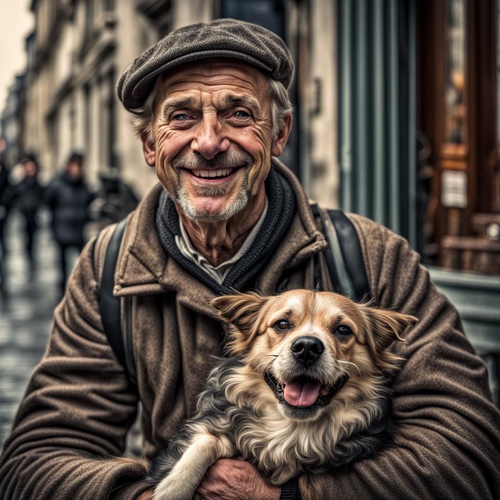 Hyperrealistic Portrait of Smiling Man and Dog