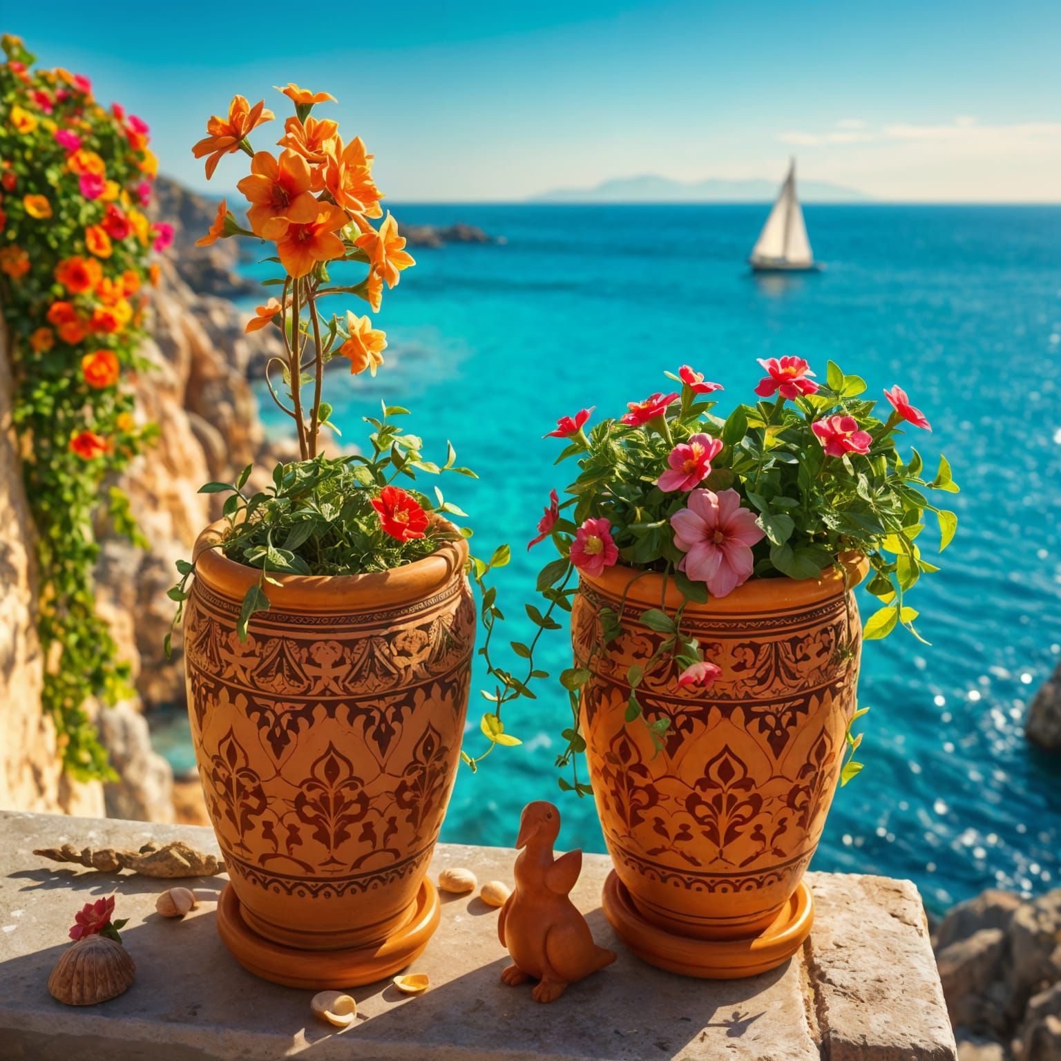 Terra Cotta Artistry in Turquoise Aegean Waters Scene