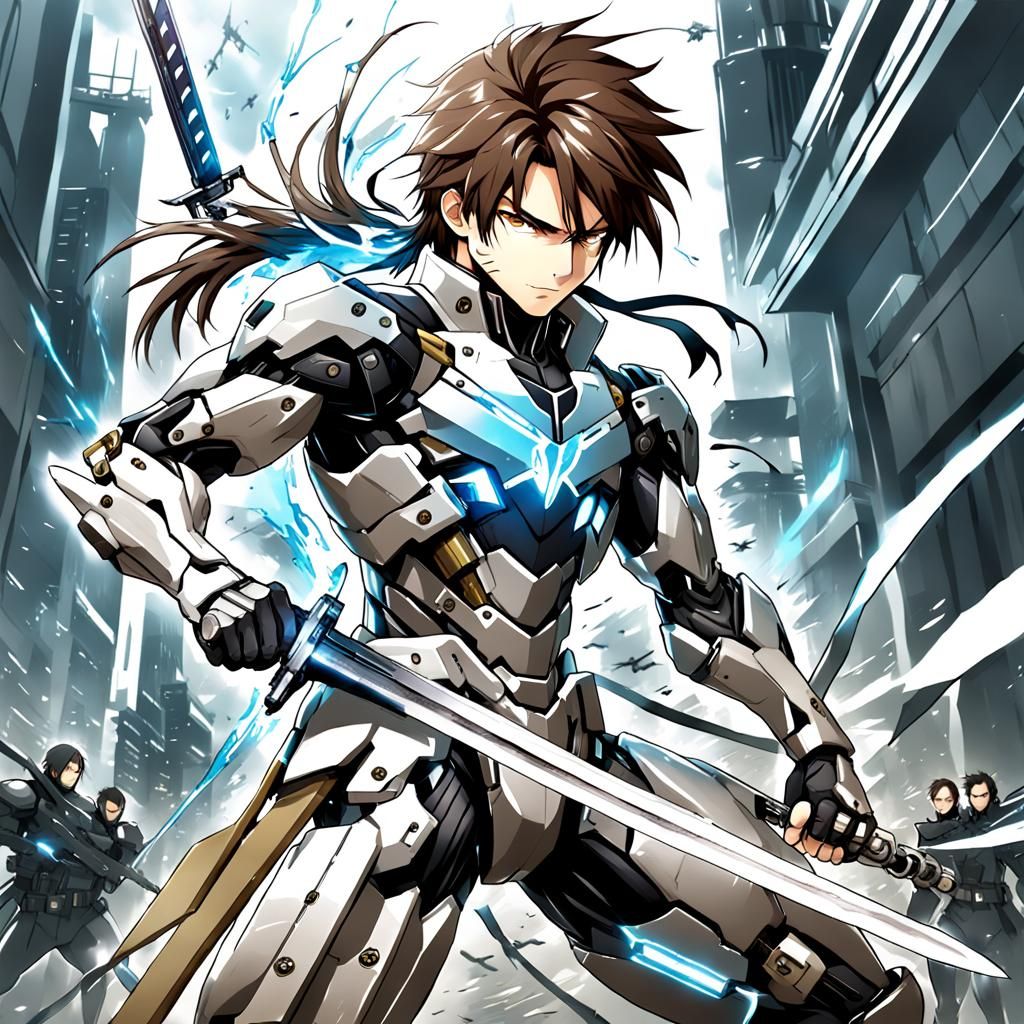 Cybernetic Swordsman Ready to Strike in Anime Style