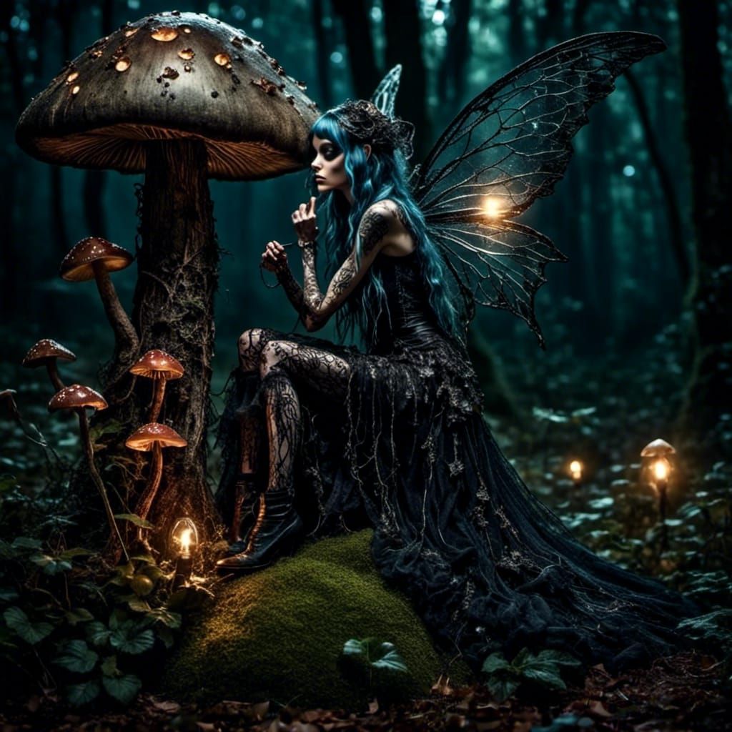 Gothic Dark Fairy on Glowing Mushroom