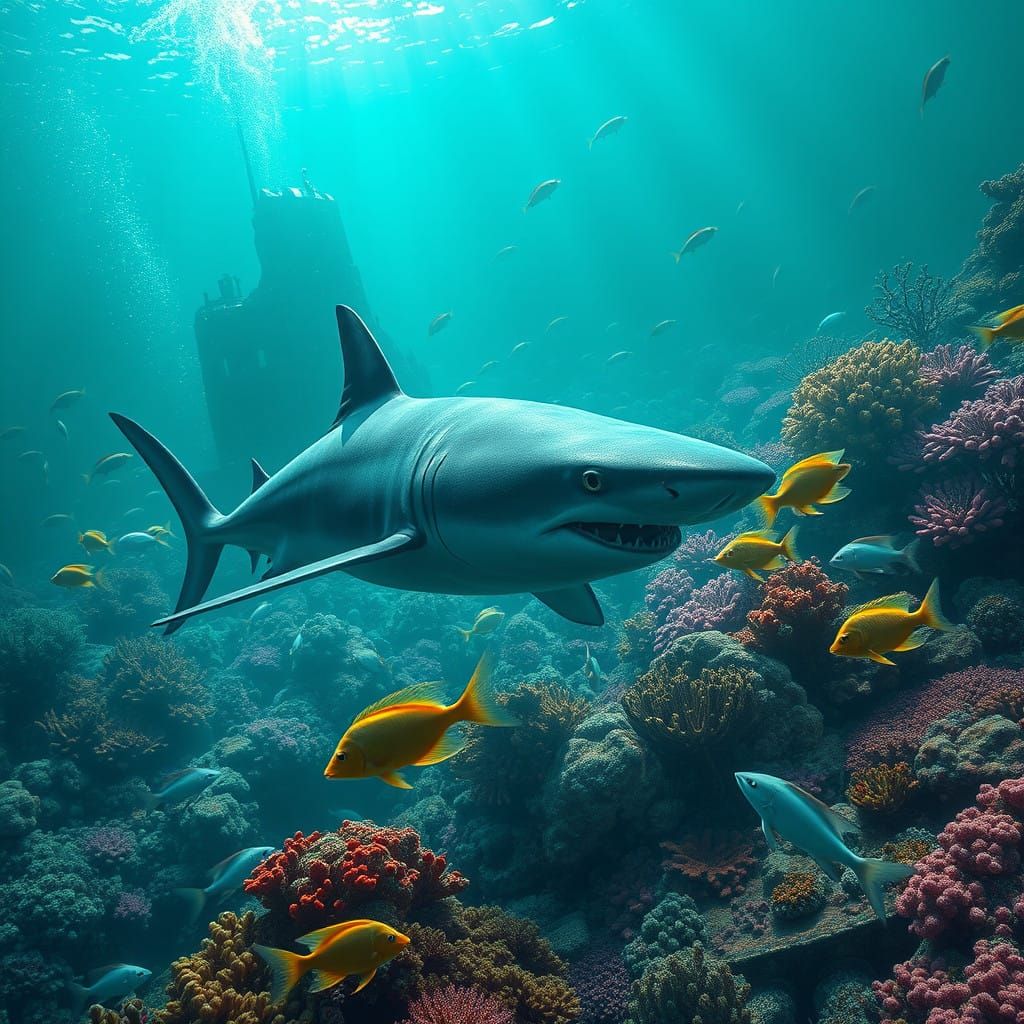 Majestic Ocean Shark Amidst Vibrant Coral Reef in Hyper-Real...