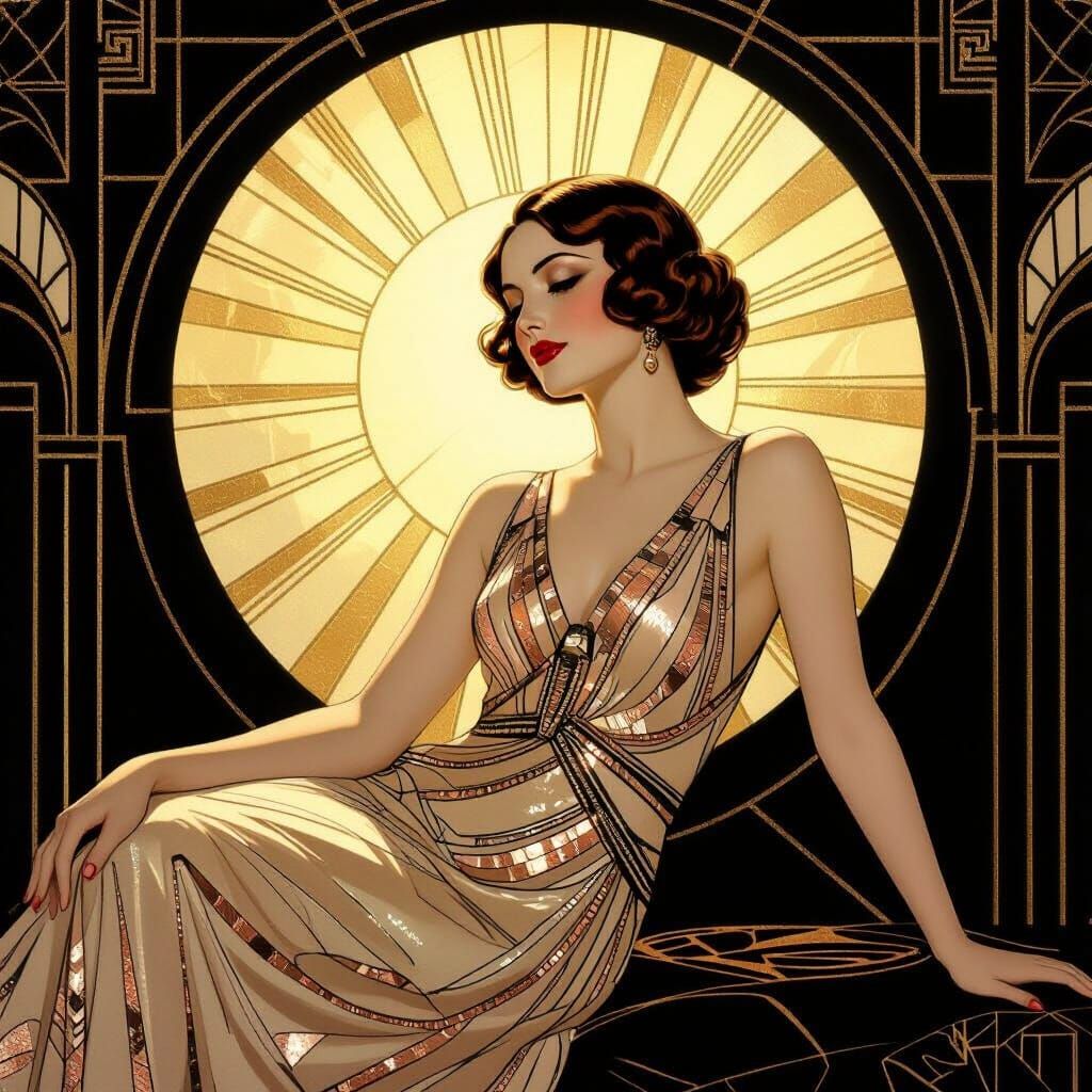 Art Deco Woman in Golden Light and Geometric Beadwork
