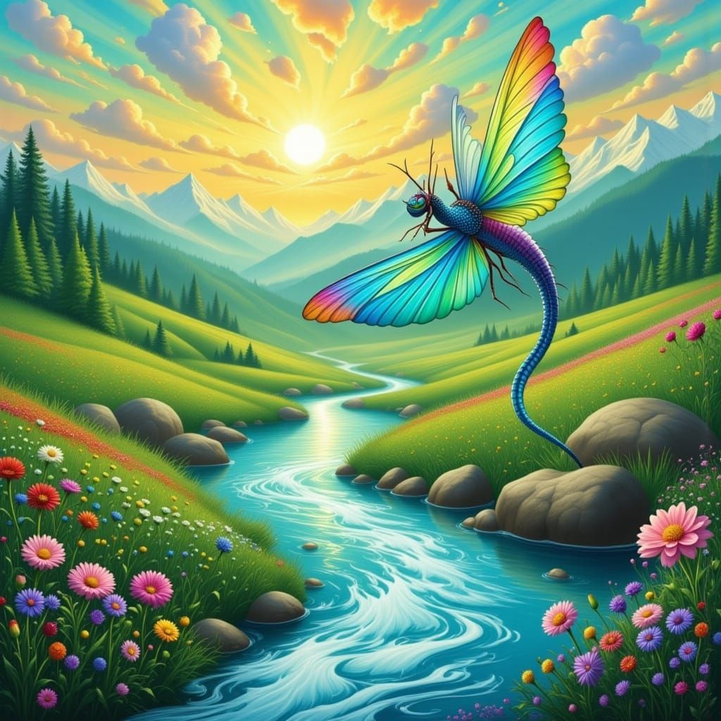 Digital Art of Turquoise Dragonfly Over Shallow Stream