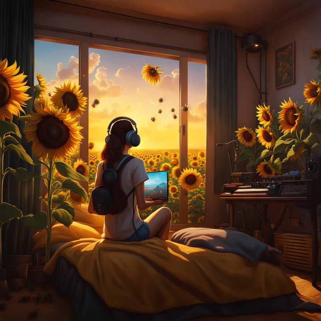 Lofi Girl Gaming at Sunrise: Detailed Matte Painting