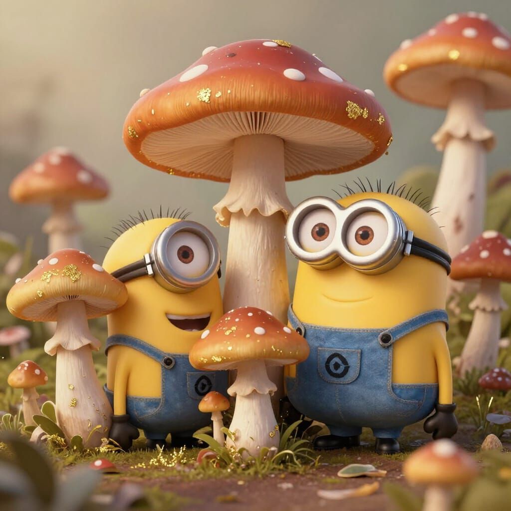 Mushroom Head Minions with Gold Accents in Cartoon Style
