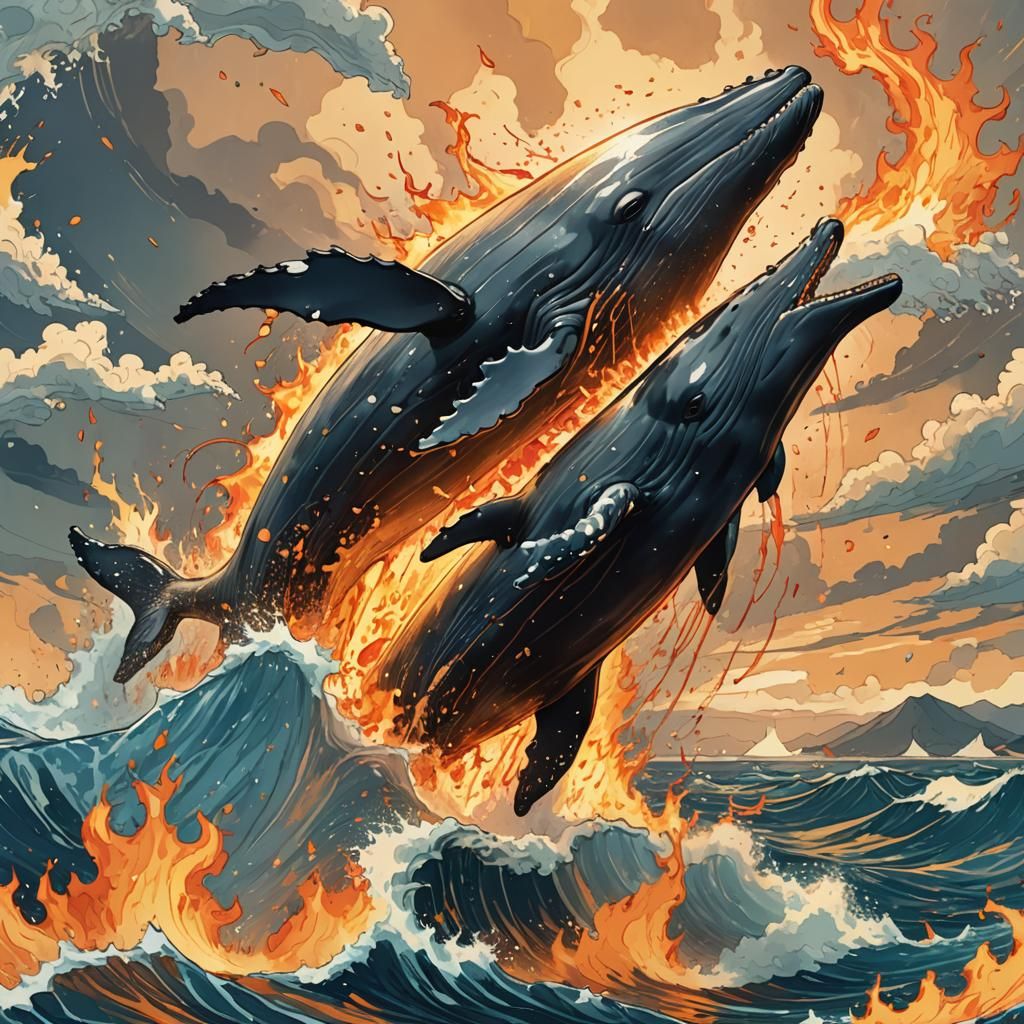 Fire Whale Breaching: Manga-Inspired Digital Art