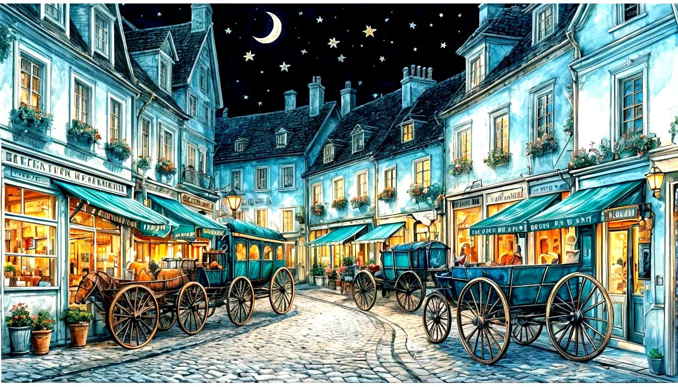 Watercolor Night Street Scene in European Village
