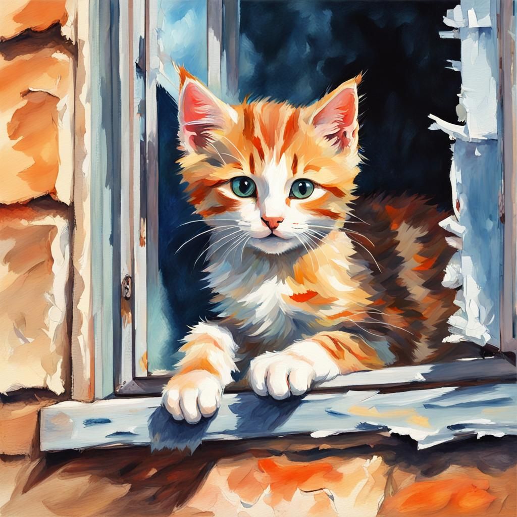 Kitten Gazing Through Window: Gouache Impressionist Painting