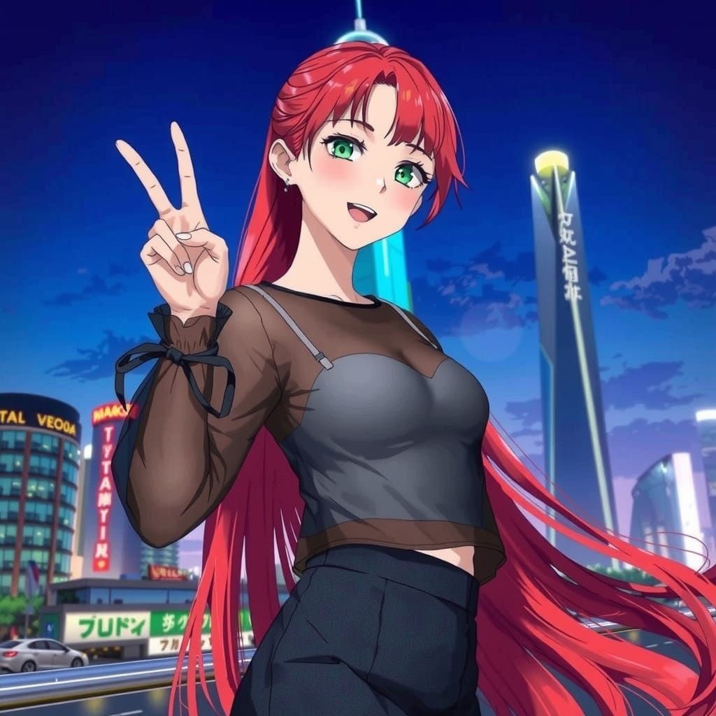 Japanese Woman Flashes Peace Sign in Futuristic Yokohama