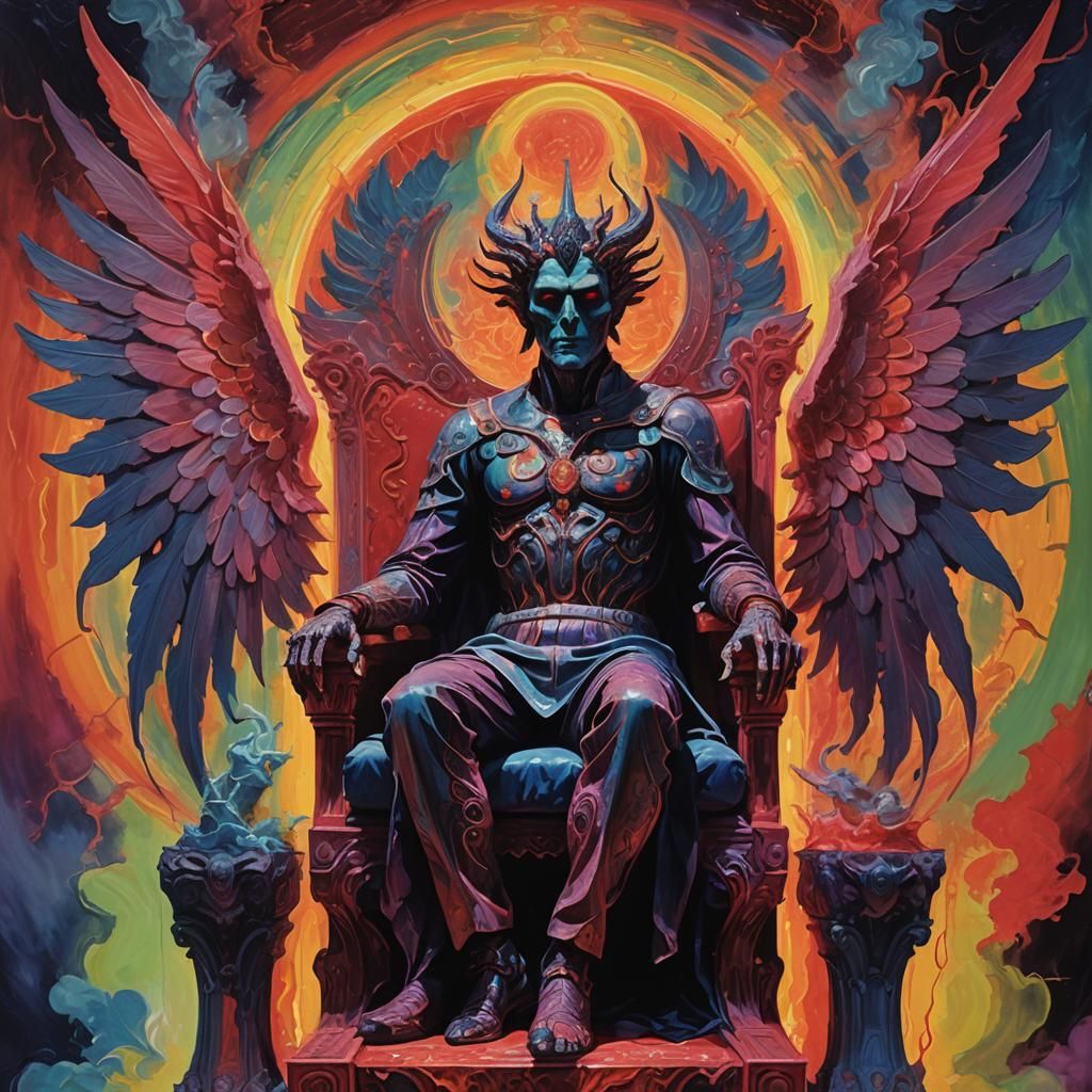 Belial on Throne in Surreal Neon Oil Painting