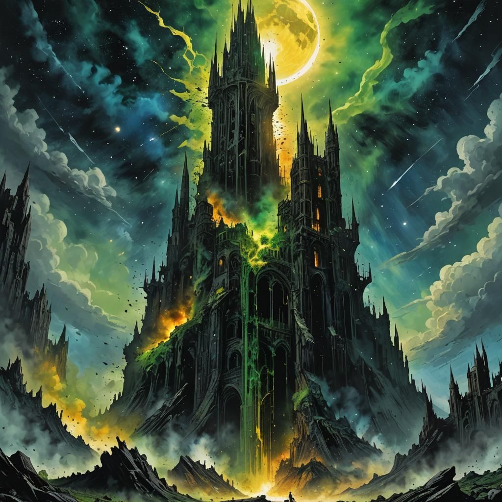 Dark Tower Collapsing on Moon with Magical Explosion