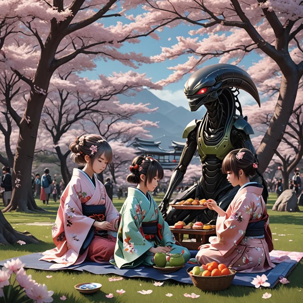 Aliens Celebrate Hanami in Kimonos: 3D Anime Art