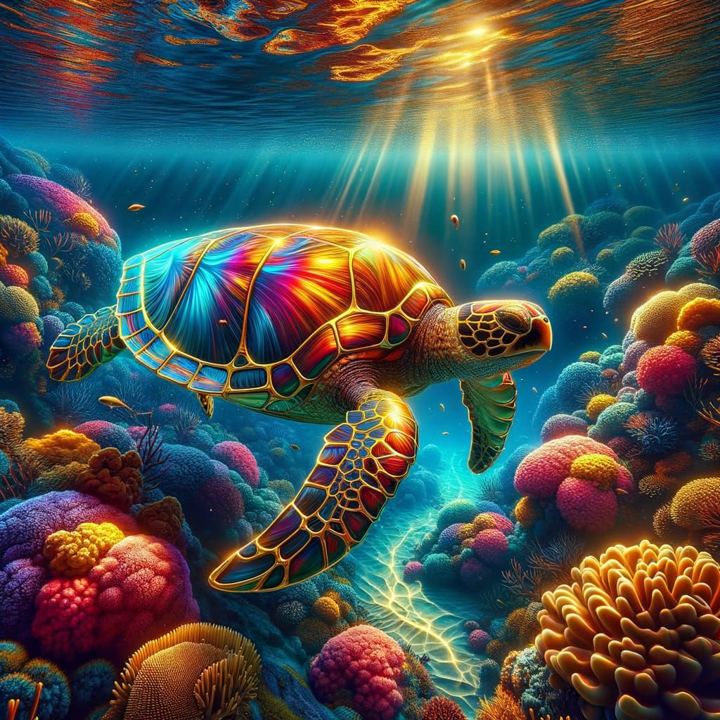 Golden Kintsugi Turtle in a Coral Reef