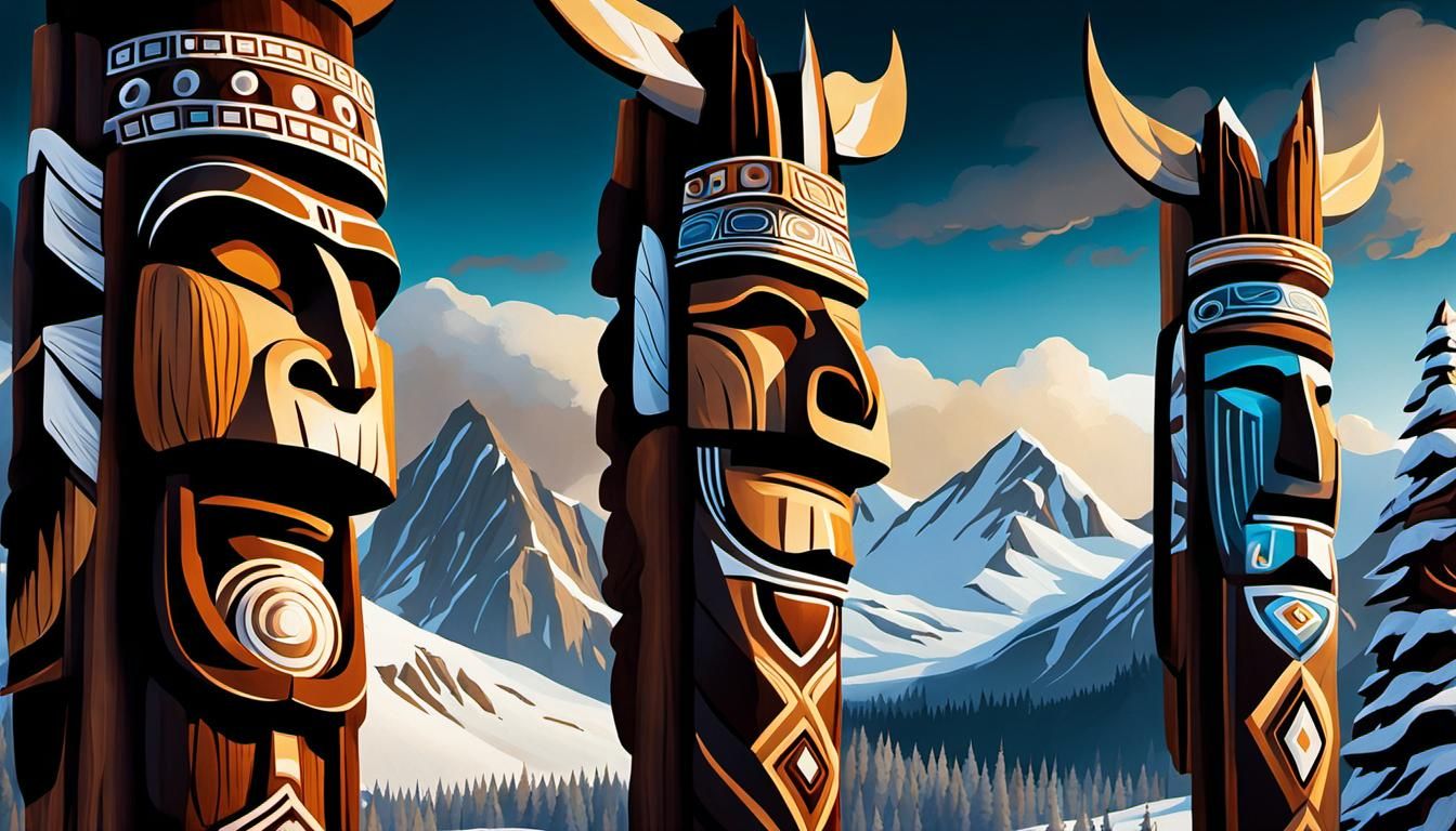 Detailed Totem Poles on Snowy Mountain Top