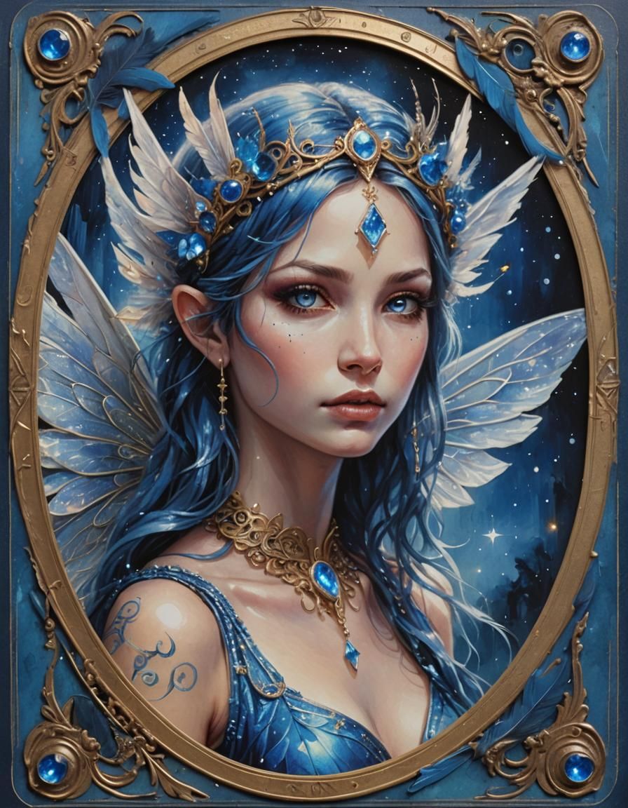 Intense Blue Fairy Portrait on Oracle Card