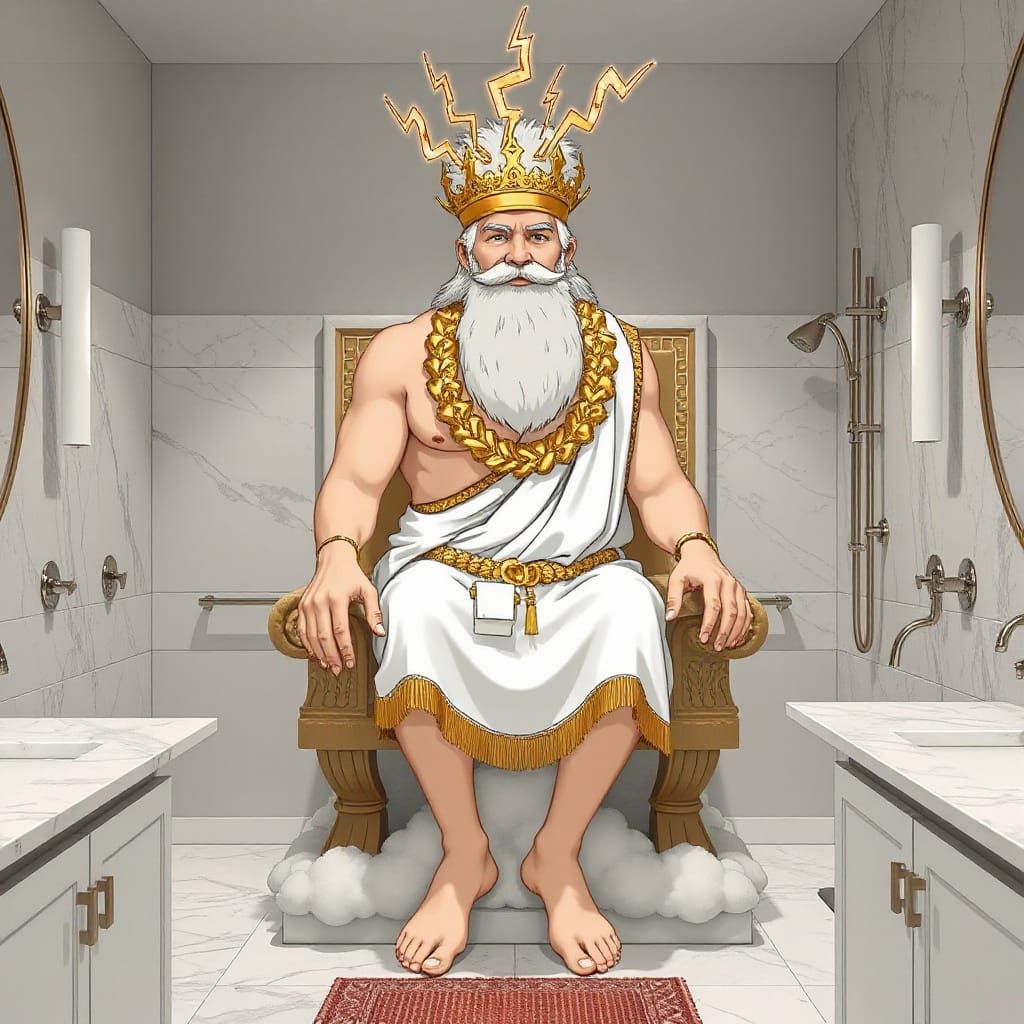 Zeus in a Modern Bathroom, Cartoon Style