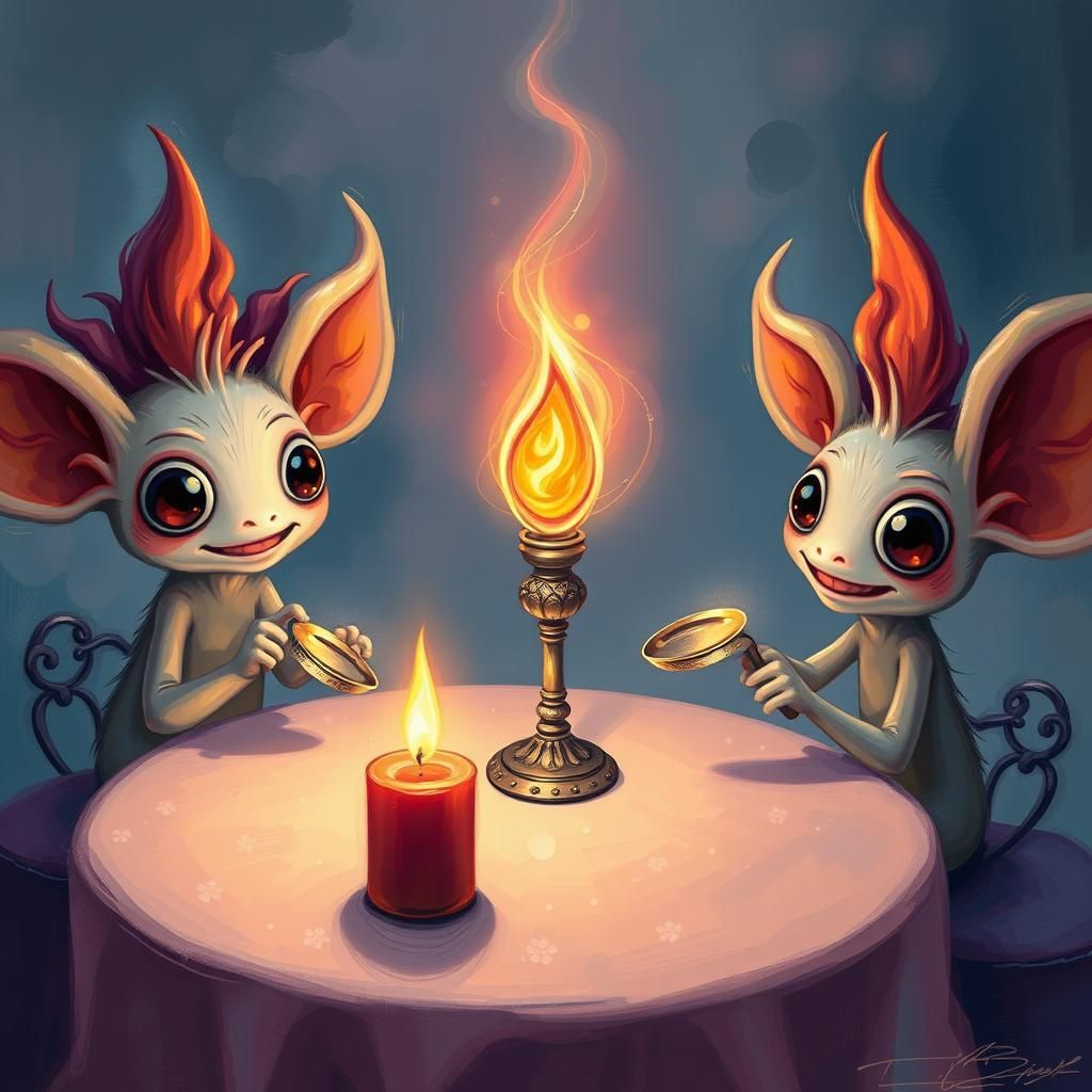Whimsical Creatures Enjoying a Glowing Dinner