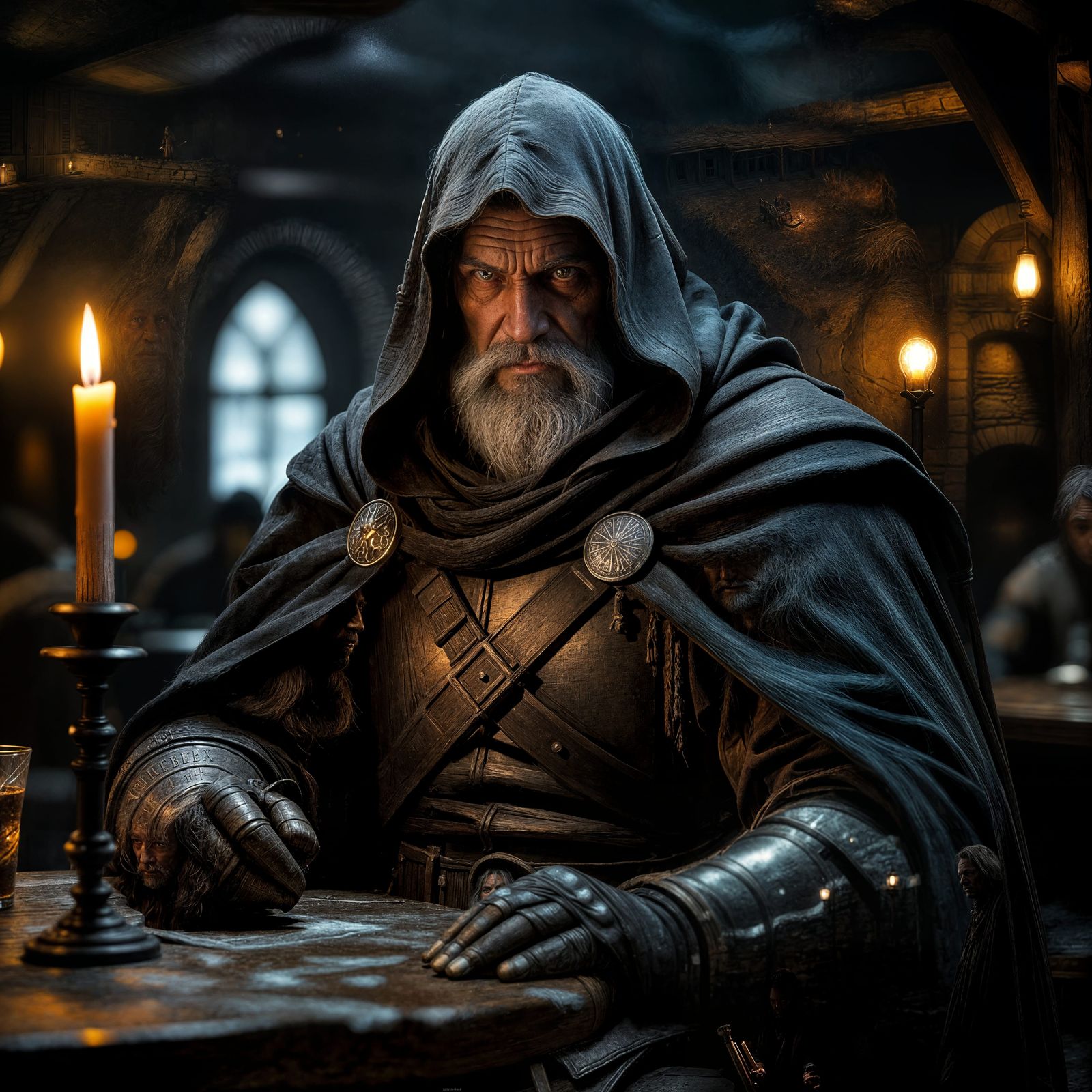 Gandalf-like Warrior in Dim Tavern, Arcane Staff Glows