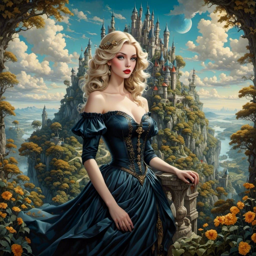 Enchantress in Surreal Fantasy Cityscape