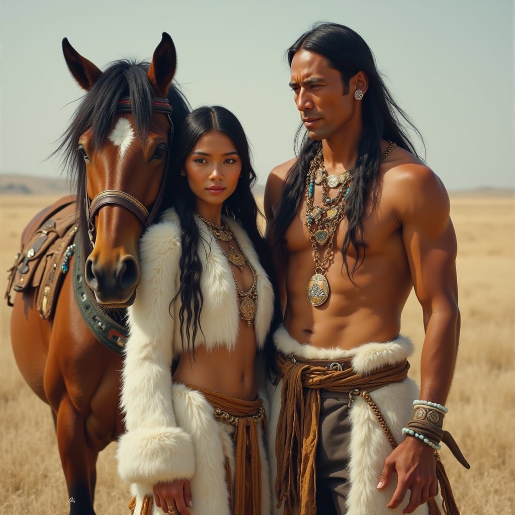 Elegant Native American Woman and Her Father with Horse in E...