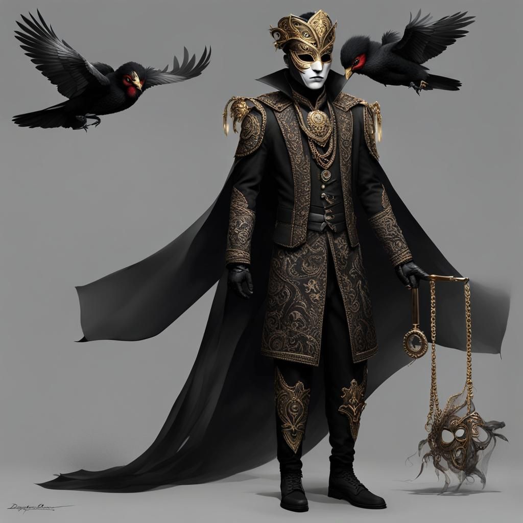 Masquerade Outfit with Bird Mask in Detailed Matte Painting