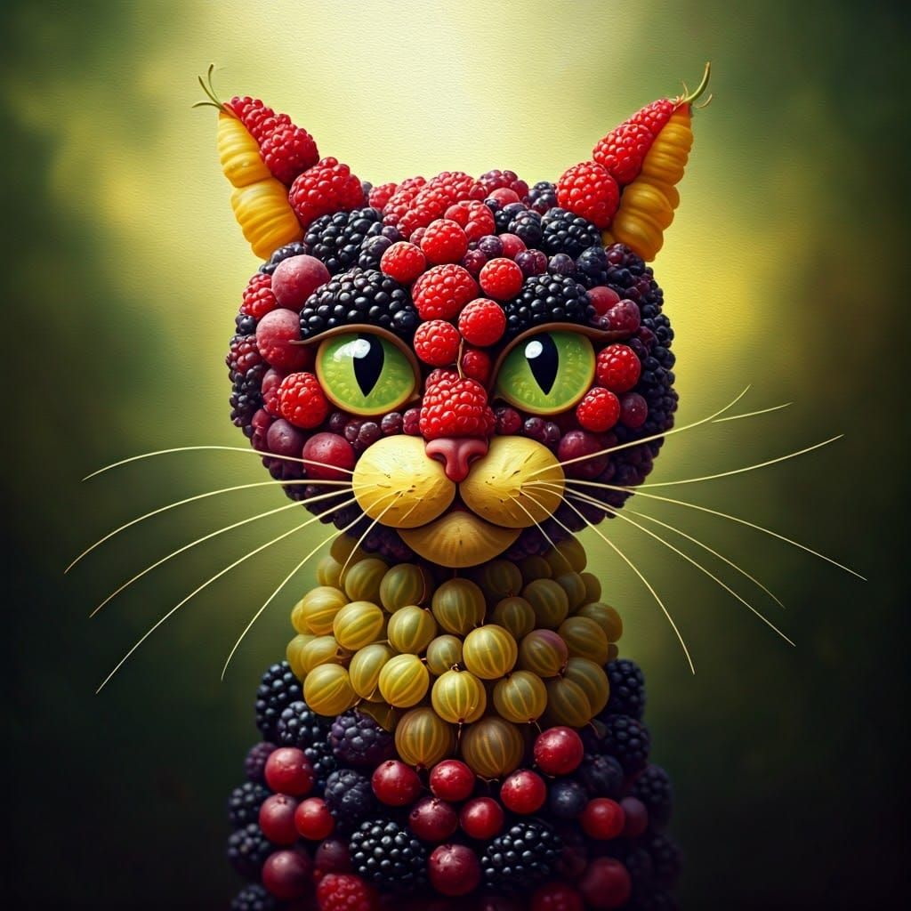 Whimsical Feline Fruit Landscape in Earthy Colors