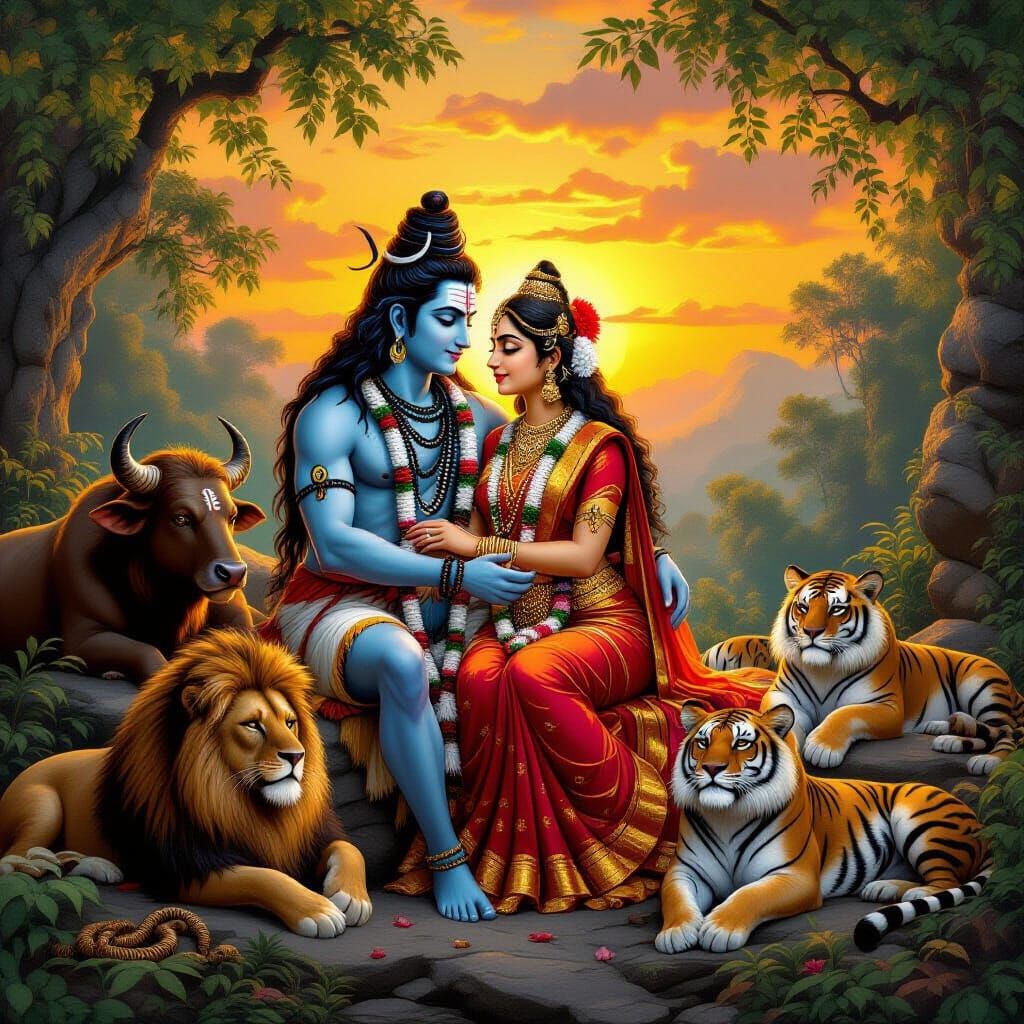 Shiva and Parvati Embrace with Majestic Wildlife