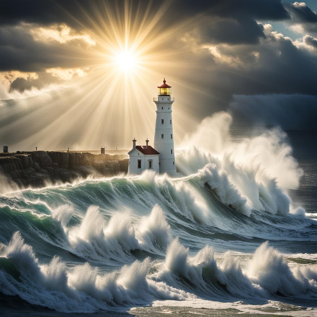 Lighthouse in Stormy Seas Bathed in Divine Light