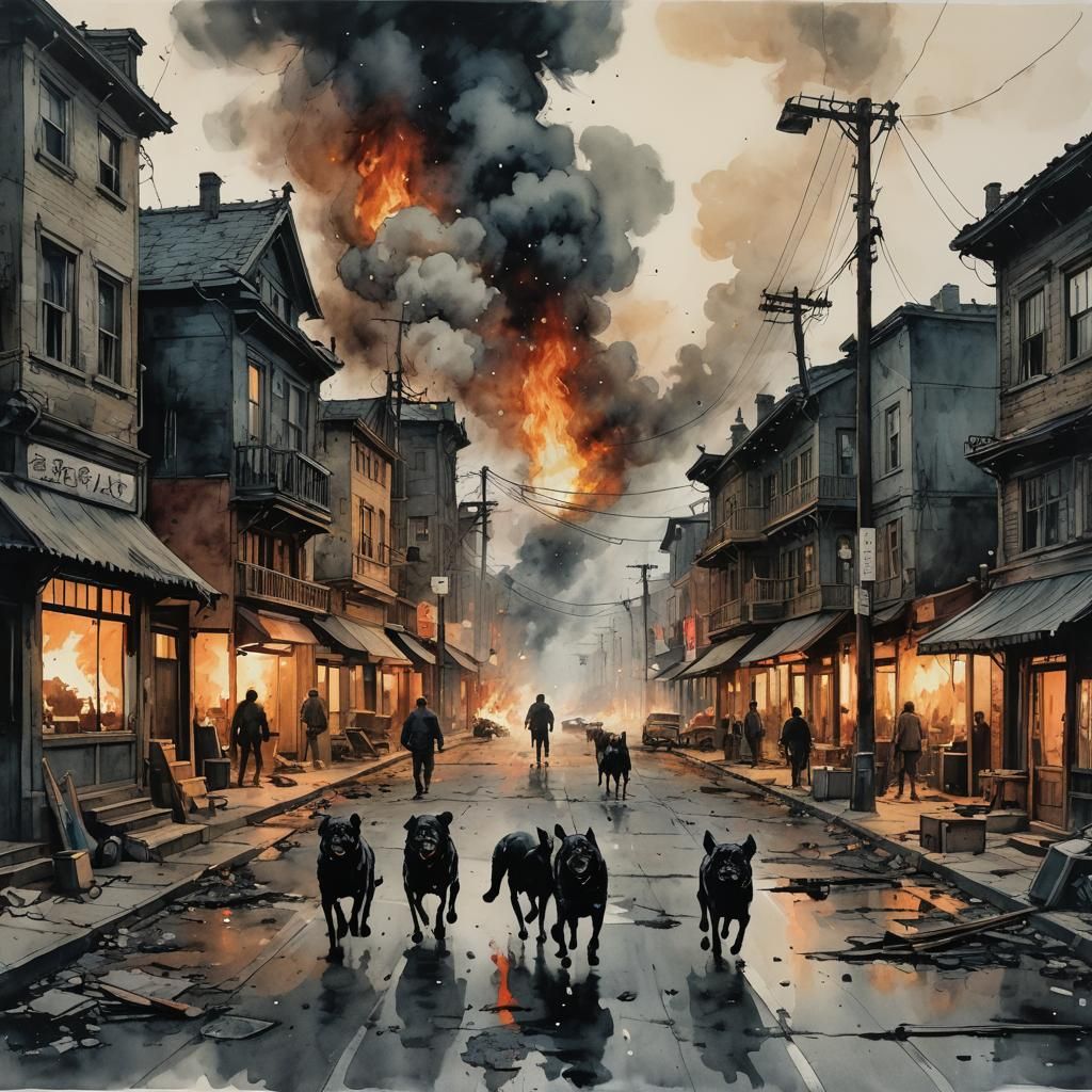 Burning Town Watercolor Firescape