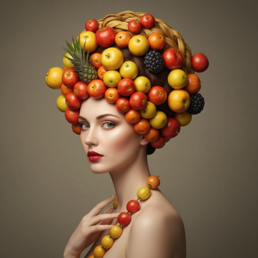 Dreamy Portrait of Woman with Avant-Garde Fruit Headpiece