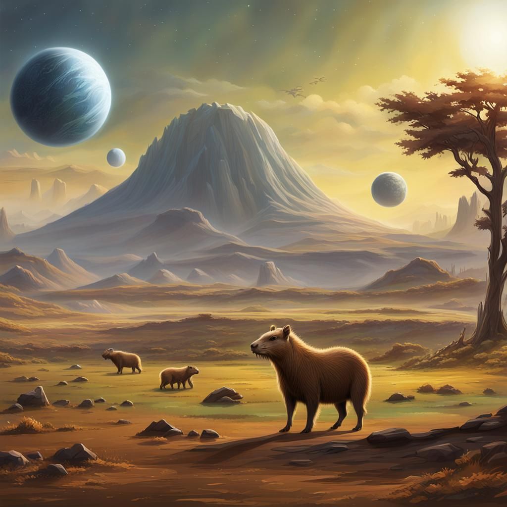 Exoplanet with Capybara Horse Alien Lifeforms