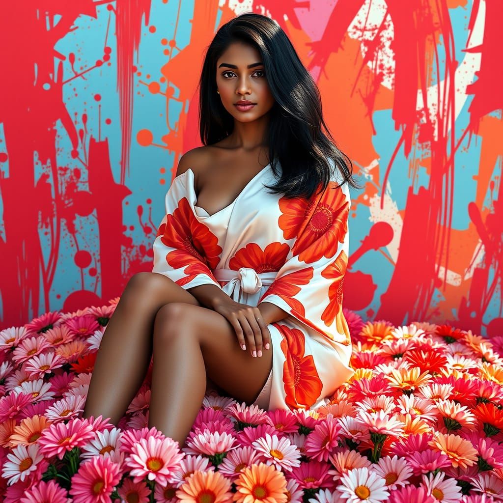 Indian Woman in Floral Robe on Chrysanthemum Bed