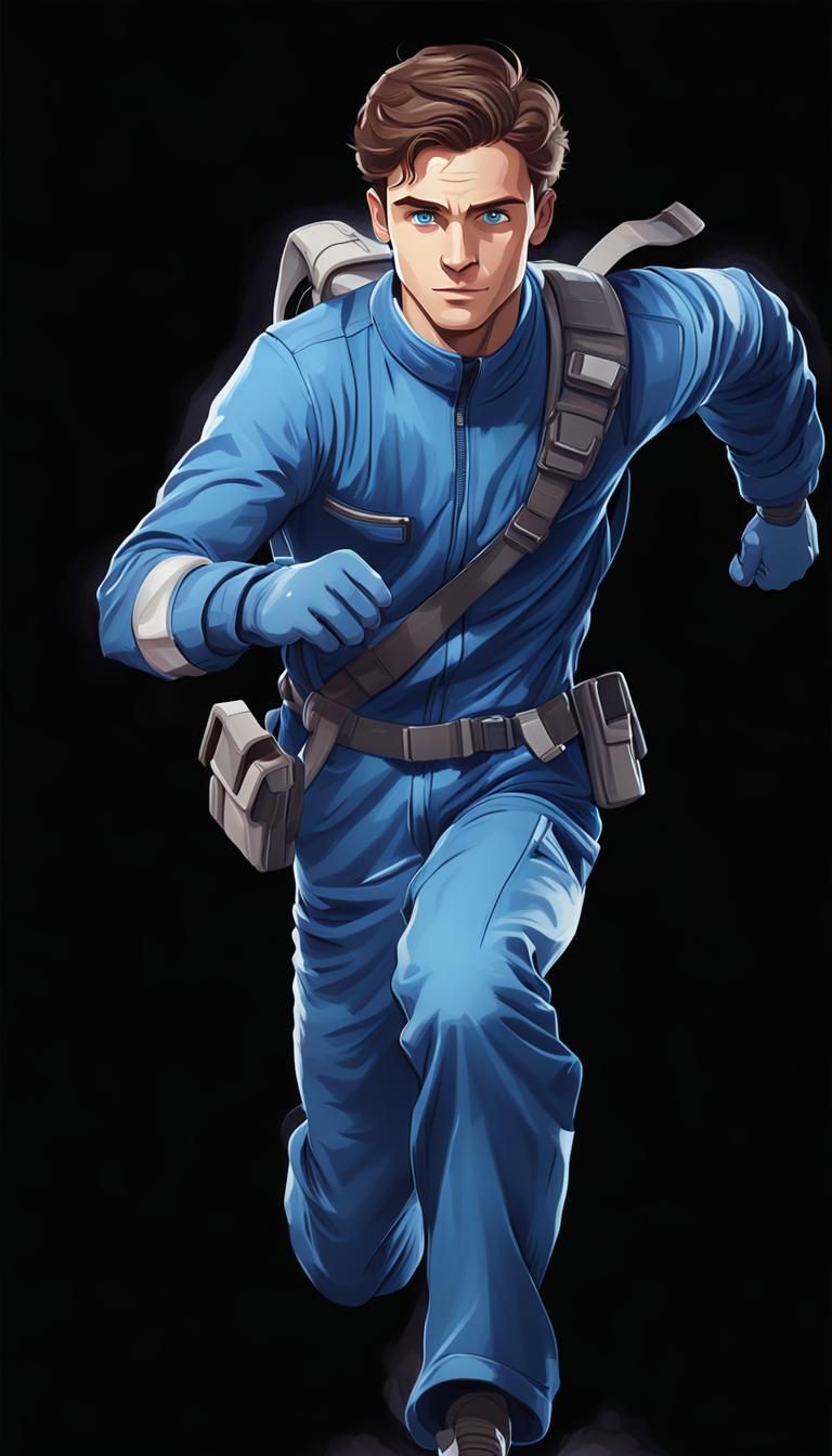 Handsome Man in Blue Jumpsuit Running to Rescue