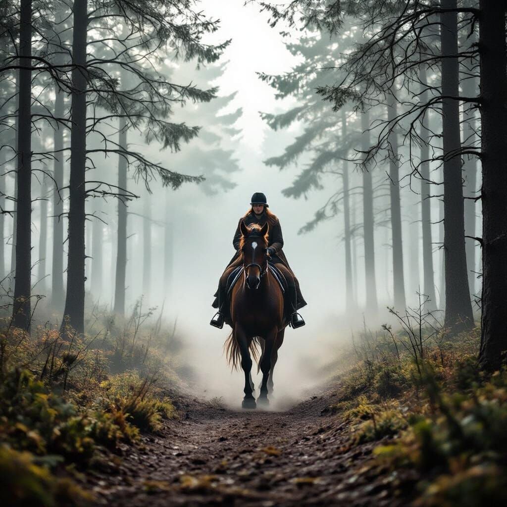 Horse and Rider Emerge from Foggy Swedish Forest