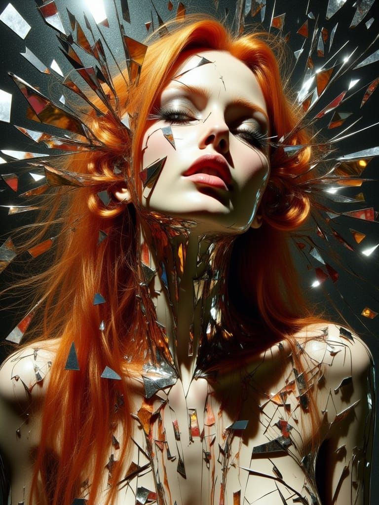 Distressed Reflections of a Melancholic Woman in Shattered G...