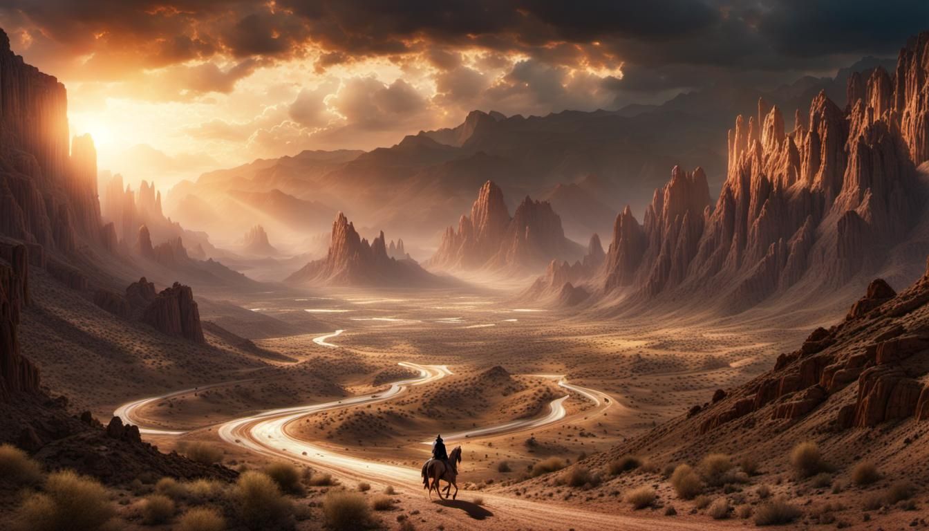 Desert Canyon Sunset with Riders and Sign