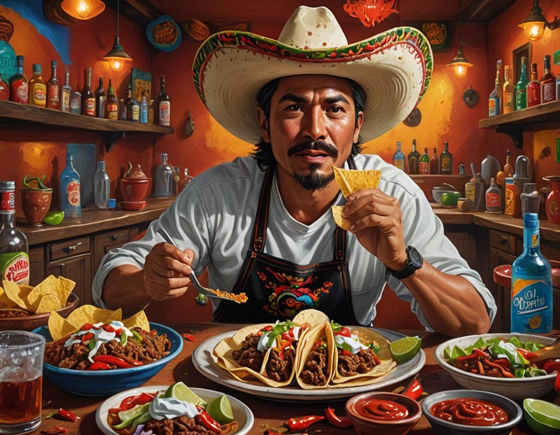 Hyperrealistic Mexican Feast in a Colorful Cantina
