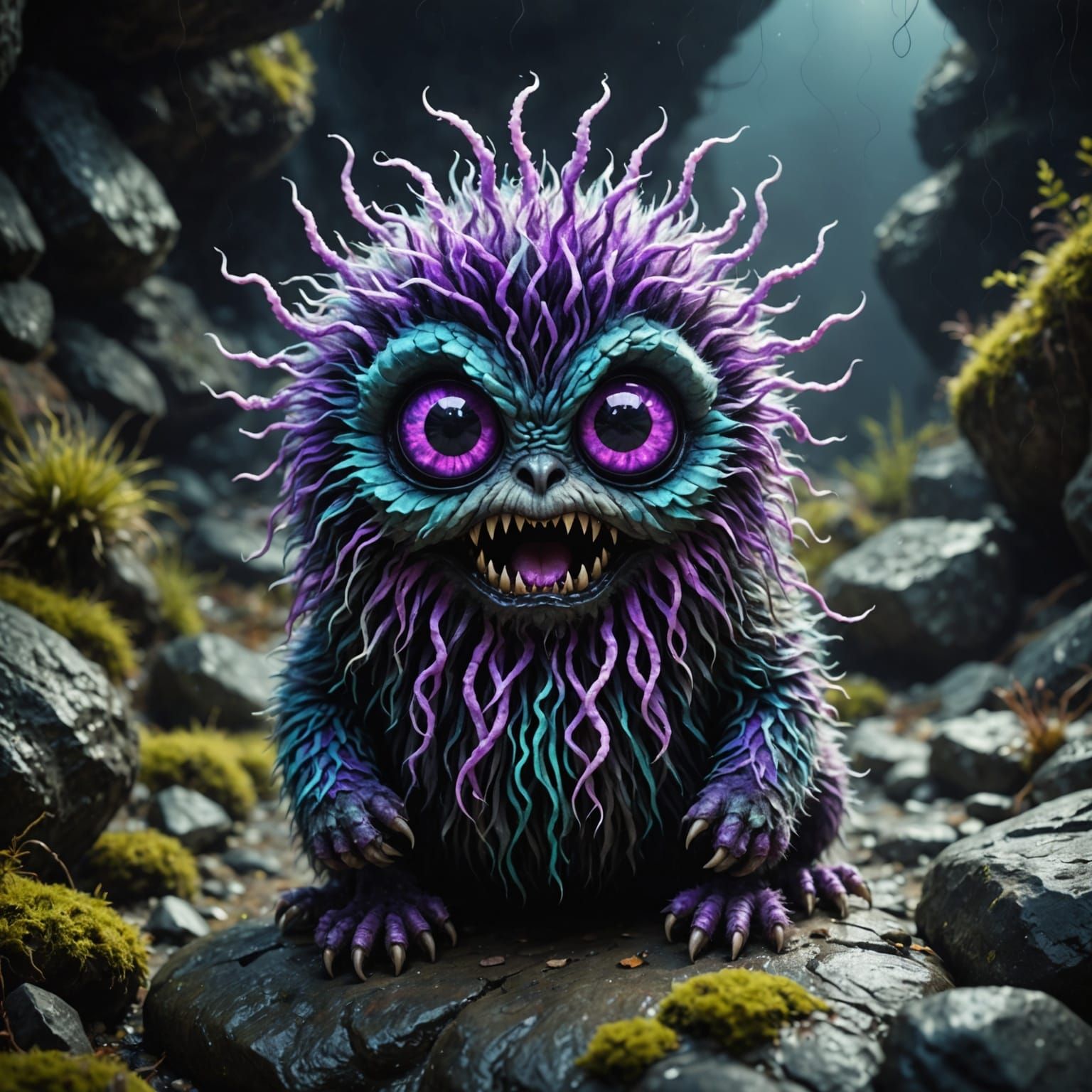 Creepy Cute Neon Tentacle Creature in Grungy Style