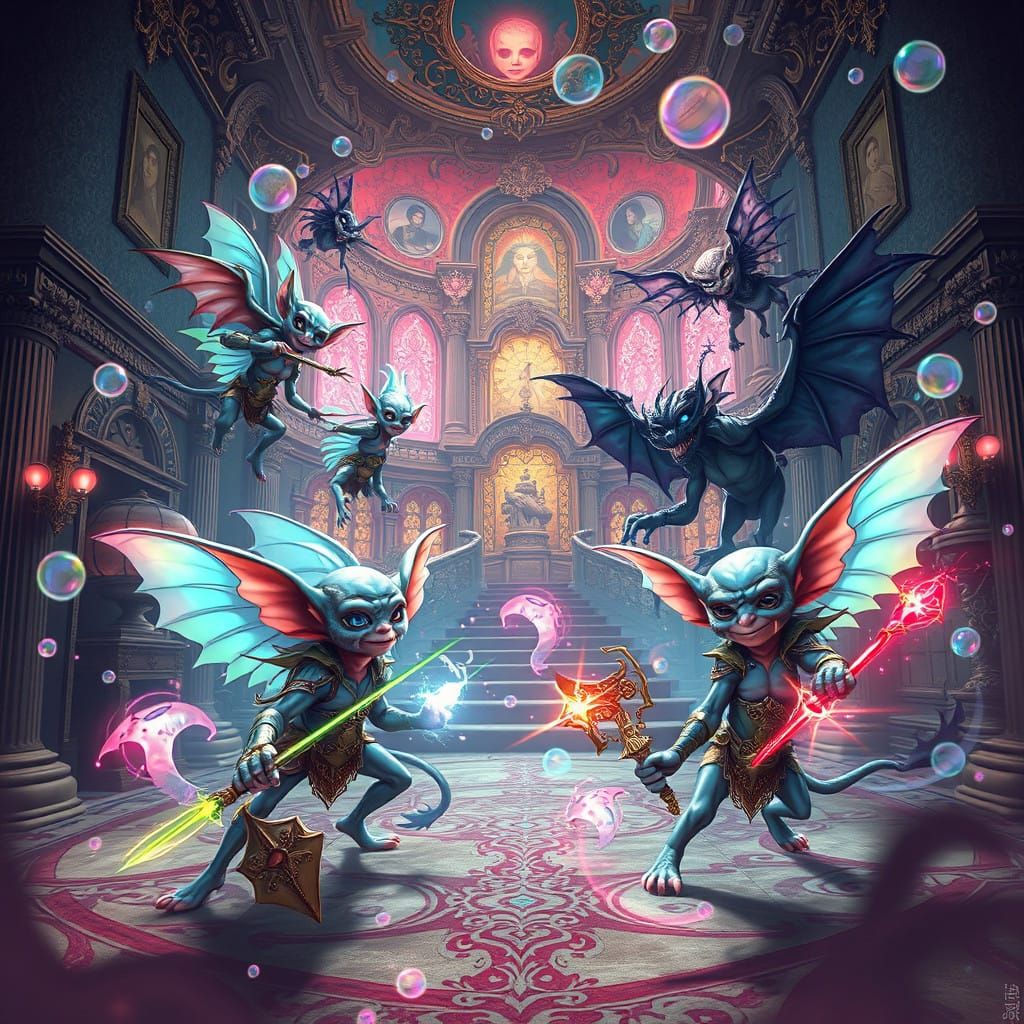 Whimsical Gremlin Battle in Haunted Mansion