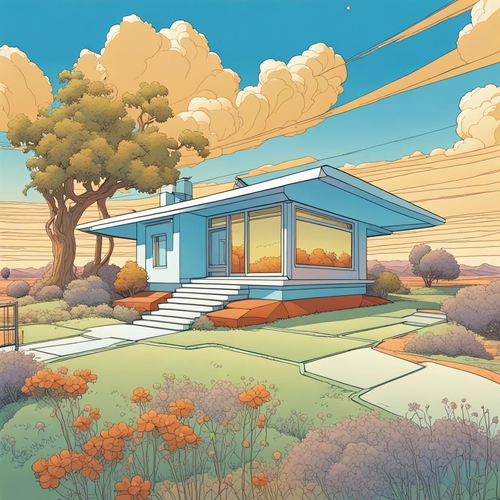 Moebius Style: Futuristic Bungalow in Desert Landscape